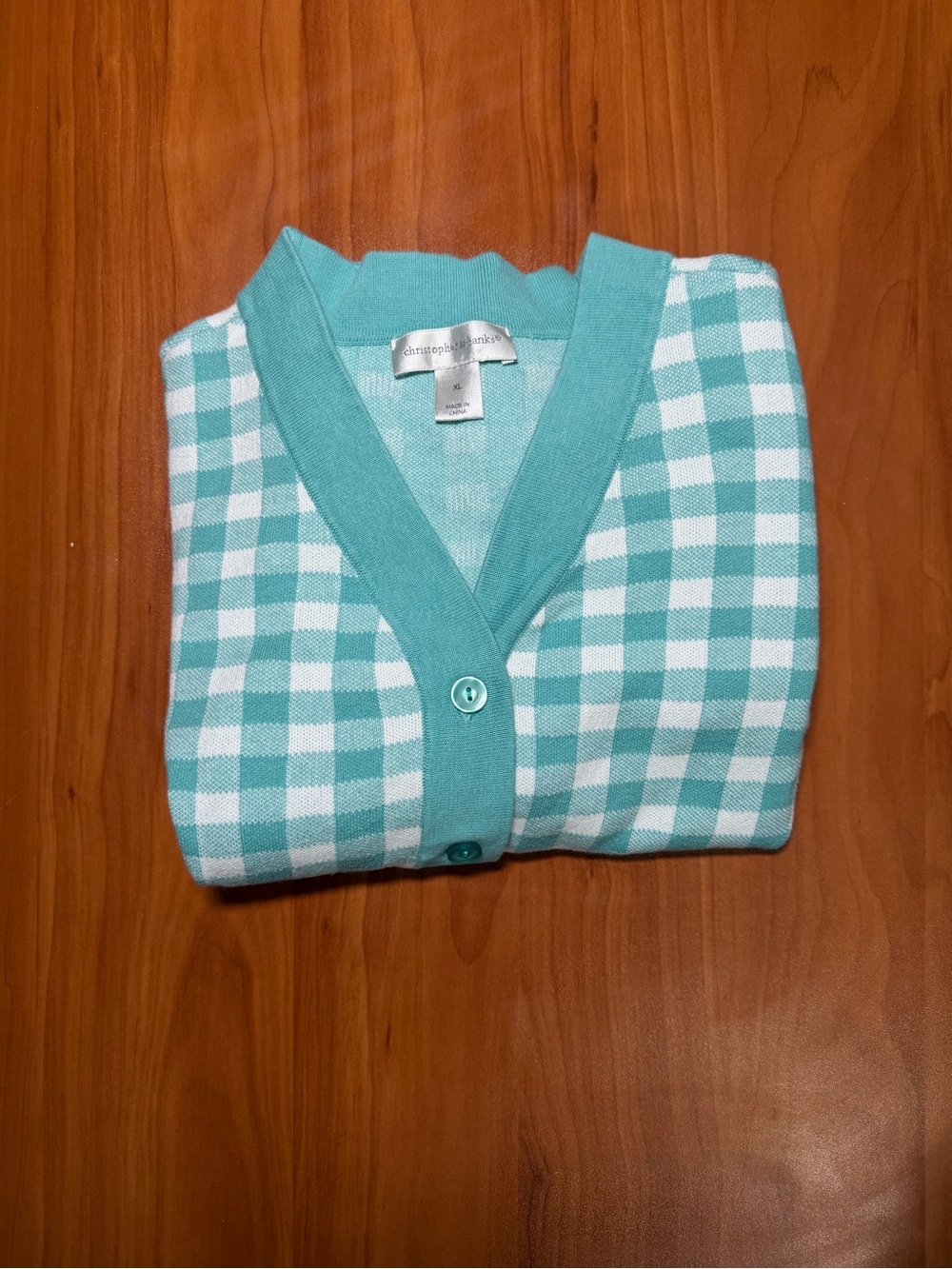 Christopher & Banks Minty Blue & White Check V-Neck Cardigan
